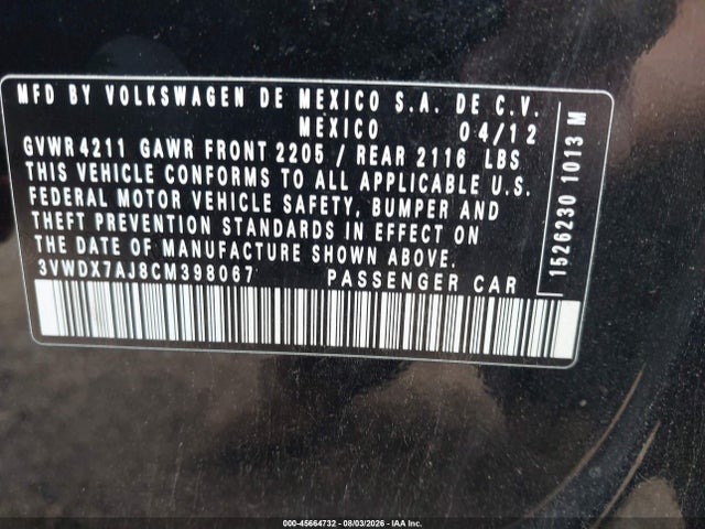 2012 Volkswagen Jetta 2.5l Se მანქანა იყიდება აუქციონზე, vin: 3VWDX7AJ8CM398067, აუქციონის ნომერი: 45664732