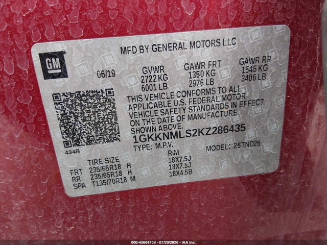 Продаж на аукціоні авто 2019 Gmc Acadia Slt-1, vin: 1GKKNMLS2KZ286435, номер лоту: 45664738