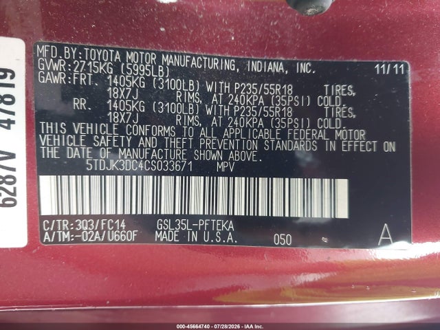 45664740 :رقم المزاد ، 5TDJK3DC4CS033671 vin ، 2012 Toyota Sienna Le 7 Passenger مزاد بيع