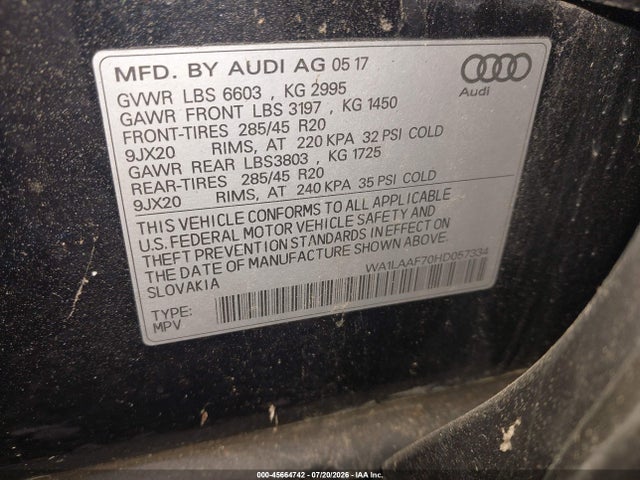 Продаж на аукціоні авто 2017 Audi Q7 3.0t Premium, vin: WA1LAAF70HD057334, номер лоту: 45664742