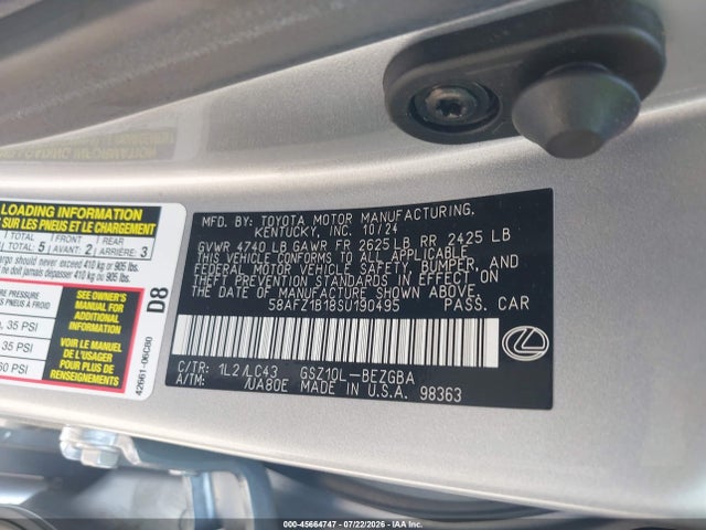 2025 Lexus Es 350 Ultra Luxury მანქანა იყიდება აუქციონზე, vin: 58AFZ1B18SU190495, აუქციონის ნომერი: 45664747
