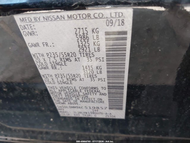 2019 Infiniti Qx60 Luxe მანქანა იყიდება აუქციონზე, vin: 5N1DL0MM9KC519857, აუქციონის ნომერი: 45664765