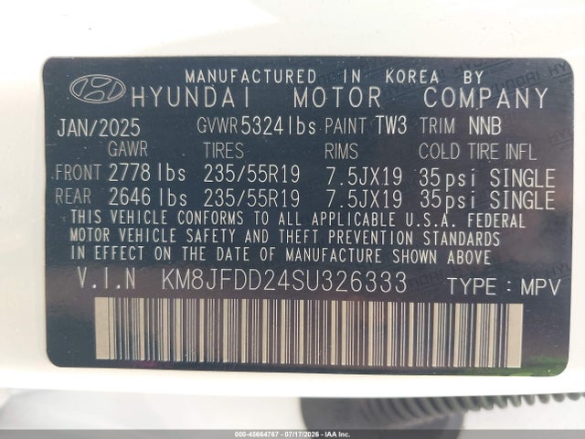 Продаж на аукціоні авто 2025 Hyundai Tucson Plug-in Hybrid Limited, vin: KM8JFDD24SU326333, номер лоту: 45664767