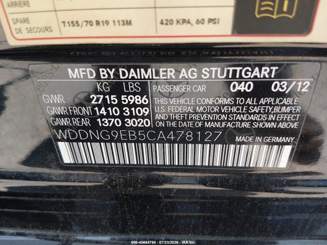 Aukcja sprzedaży 2012 Mercedes-benz S 550 4matic, vin: WDDNG9EB5CA478127, numer aukcji: 45664768