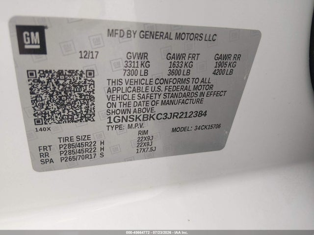 1GNSKBKC3JR212384 Chevrolet Tahoe Lt