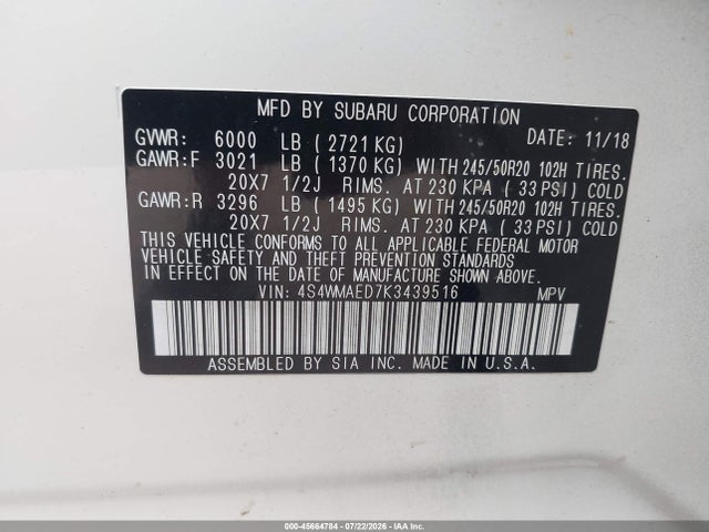 Продаж на аукціоні авто 2019 Subaru Ascent Premium, vin: 4S4WMAED7K3439516, номер лоту: 45664784