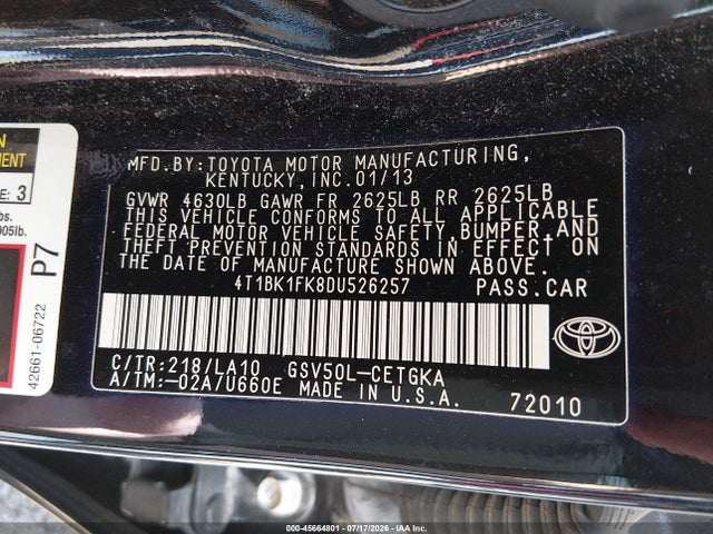 45664801 :رقم المزاد ، 4T1BK1FK8DU526257 vin ، 2013 Toyota Camry Xle V6 مزاد بيع