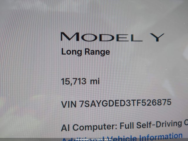 Продажа на аукционе авто 2026 Tesla Model Y Premium Rear-wheel Drive/rear-wheel Drive, vin: 7SAYGDED3TF526875, номер лота: 45664802