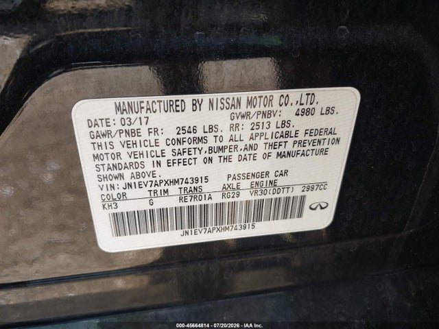 45664814 :رقم المزاد ، JN1EV7APXHM743915 vin ، 2017 Infiniti Q50 3.0t Signature Edition مزاد بيع