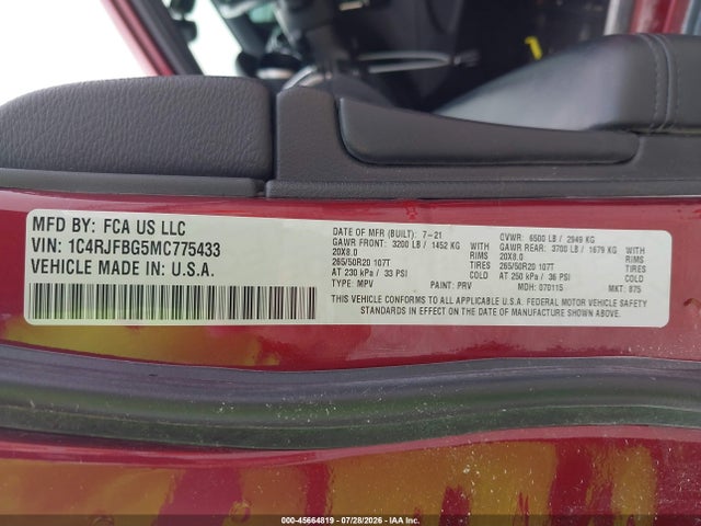 45664819 :رقم المزاد ، 1C4RJFBG5MC775433 vin ، 2021 Jeep Grand Cherokee Limited 4x4 مزاد بيع
