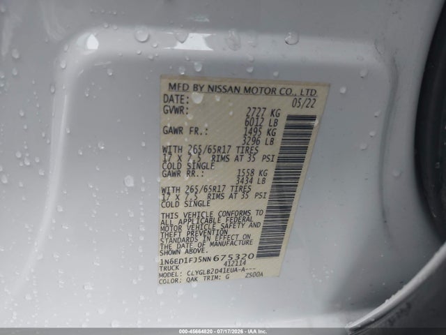 1N6ED1FJ5NN675320 Nissan Frontier Long Bed Sv 4x2
