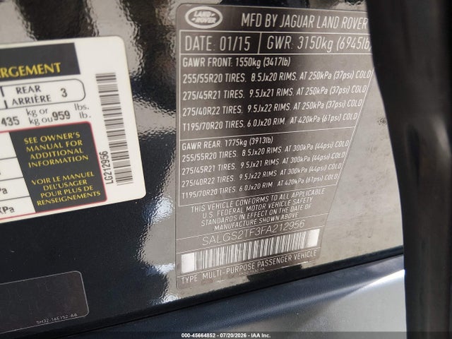 45664852 :رقم المزاد ، SALGS2TF3FA212956 vin ، 2015 Land Rover Range Rover 5.0l V8 Supercharged مزاد بيع