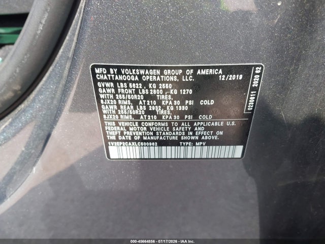 2020 Volkswagen Atlas 2.0t Sel მანქანა იყიდება აუქციონზე, vin: 1V2EP2CAXLC500962, აუქციონის ნომერი: 45664856
