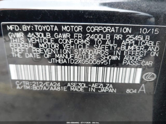 2016 Lexus Is 200t მანქანა იყიდება აუქციონზე, vin: JTHBA1D2XG5008951, აუქციონის ნომერი: 45664862