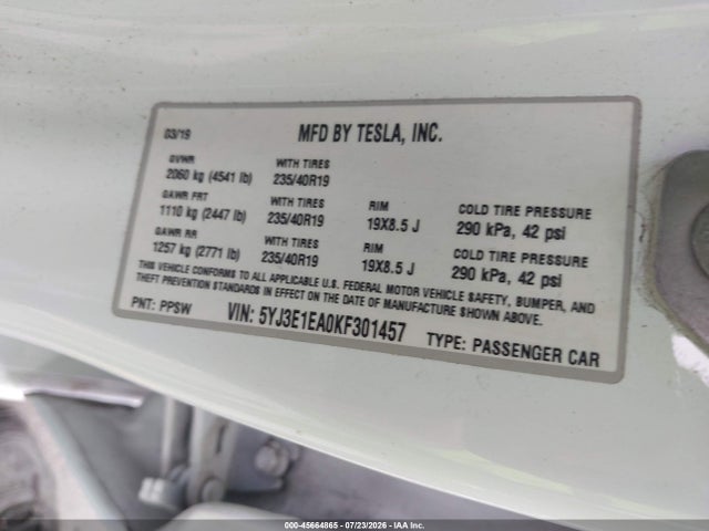 Tesla Model 3 Long Range/mid Range/standard Range/standard Range Plus 2019 5YJ3E1EA0KF301457 Image 9