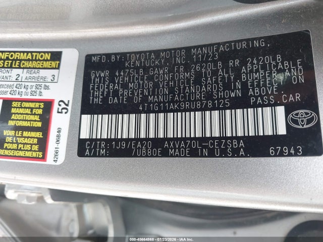 45664868 :رقم المزاد ، 4T1G11AK9RU878125 vin ، 2024 Toyota Camry Se مزاد بيع