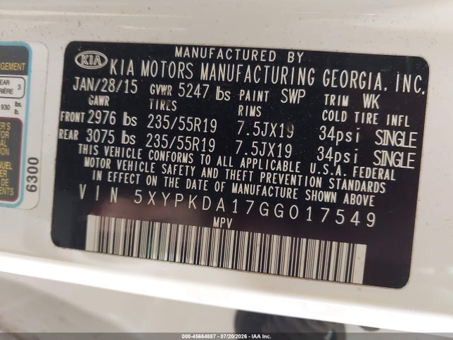Aukcja sprzedaży 2016 Kia Sorento 2.0t Sxl, vin: 5XYPKDA17GG017549, numer aukcji: 45664887