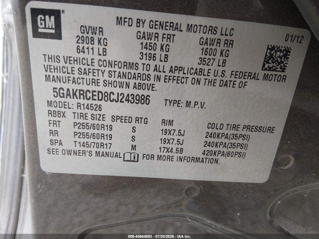 Aukcja sprzedaży 2012 Buick Enclave Leather, vin: 5GAKRCED8CJ243986, numer aukcji: 45664893
