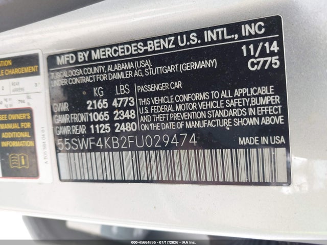 Auction sale of the 2015 Mercedes-benz C 300 Luxury 4matic, vin: 55SWF4KB2FU029474, lot number: 45664895