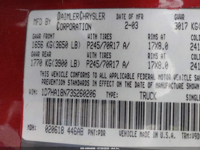 45664896 :رقم المزاد ، 1D7HA18N73S260206 vin ، 2003 Dodge Ram 1500 Slt/laramie/st مزاد بيع