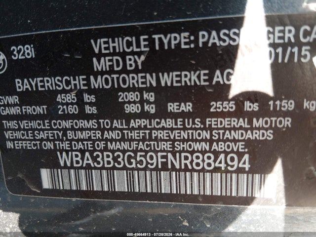Aukcja sprzedaży 2015 Bmw 328i Xdrive, vin: WBA3B3G59FNR88494, numer aukcji: 45664913