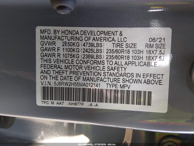 2021 Honda Cr-v Awd Ex მანქანა იყიდება აუქციონზე, vin: 5J6RW2H55MA012141, აუქციონის ნომერი: 45664955