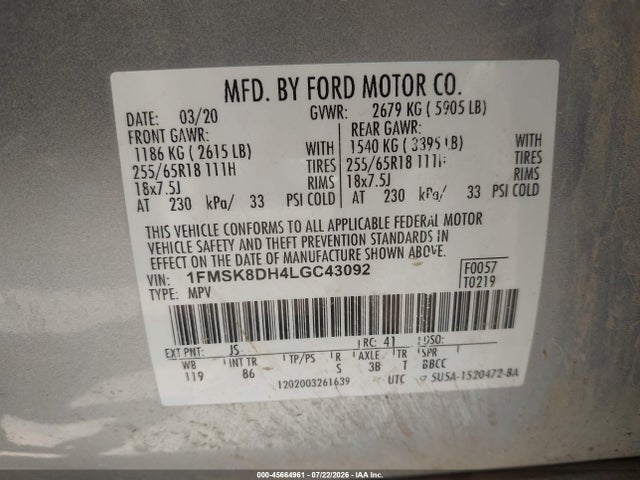 Ford EXPLORER XLT 2020 1FMSK8DH4LGC43092 Image 9