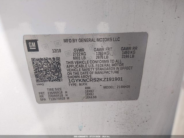 45664970 :رقم المزاد ، 1GYKNCRS2KZ191901 vin ، 2019 Cadillac Xt5 Luxury مزاد بيع