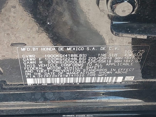 Продажа на аукционе авто 2026 Honda Hr-v Awd Ex-l, vin: 3CZRZ2H78TM741020, номер лота: 45664976