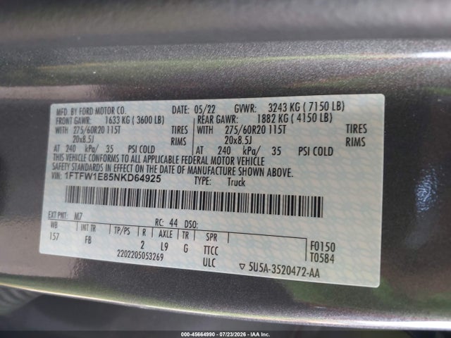 45664990 :رقم المزاد ، 1FTFW1E85NKD64925 vin ، 2022 Ford F-150 Xlt مزاد بيع