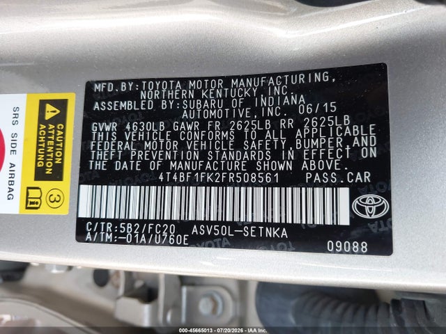 Aukcja sprzedaży 2015 Toyota Camry Le, vin: 4T4BF1FK2FR508561, numer aukcji: 45665013