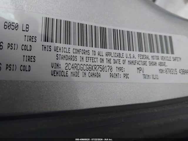 2019 Dodge Grand Caravan Sxt მანქანა იყიდება აუქციონზე, vin: 2C4RDGCG6KR750170, აუქციონის ნომერი: 45665020