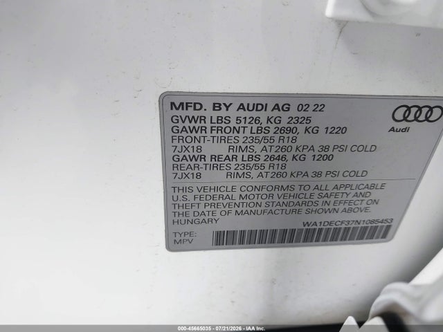 Продаж на аукціоні авто 2022 Audi Q3 Premium 45 Tfsi S Line Quattro Tiptronic, vin: WA1DECF37N1085453, номер лоту: 45665035
