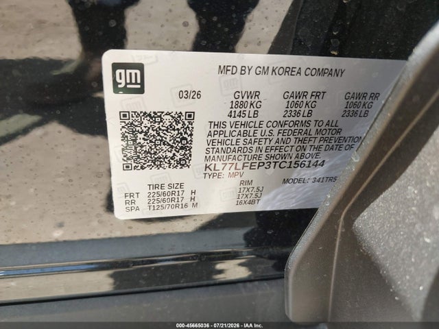 45665036 :رقم المزاد ، KL77LFEP3TC156144 vin ، 2026 Chevrolet Trax Fwd Ls مزاد بيع