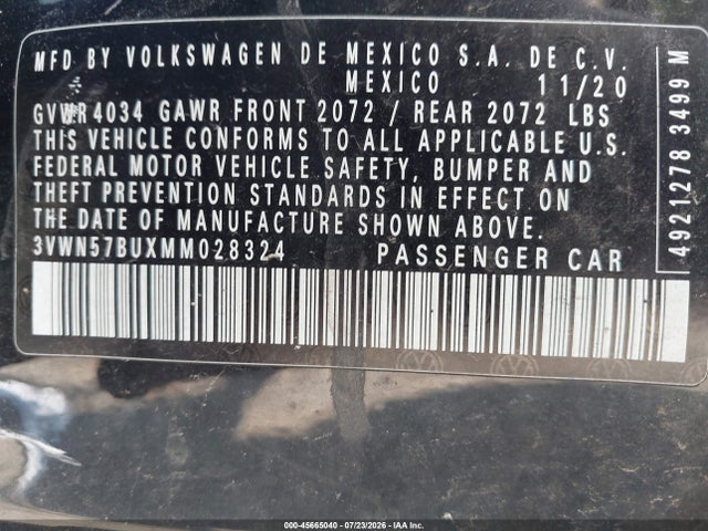 Продажа на аукционе авто 2021 Volkswagen Jetta 1.4t R-line/1.4t S, vin: 3VWN57BUXMM028324, номер лота: 45665040