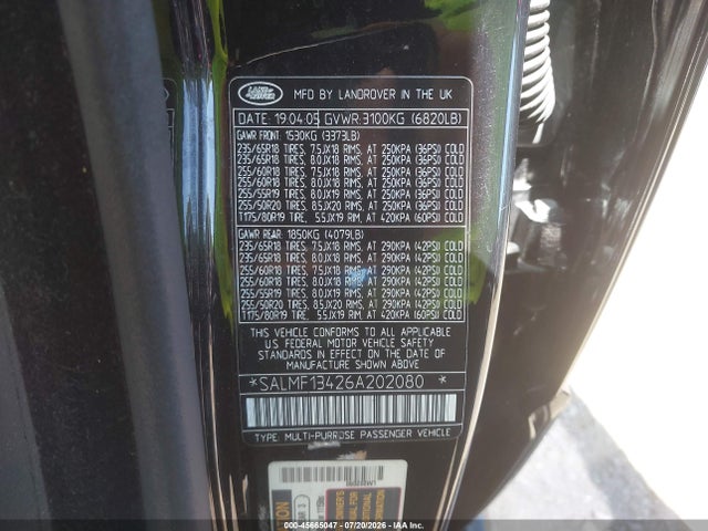 Продаж на аукціоні авто 2006 Land Rover Range Rover Supercharged, vin: SALMF13426A202080, номер лоту: 45665047