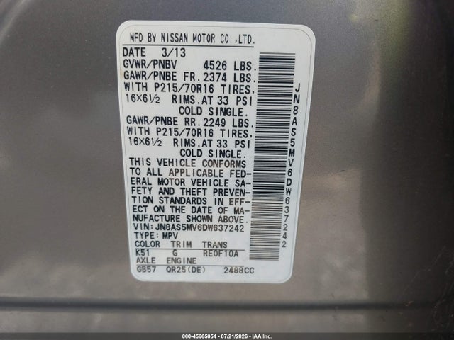45665054 :رقم المزاد ، JN8AS5MV6DW637242 vin ، 2013 Nissan Rogue S مزاد بيع