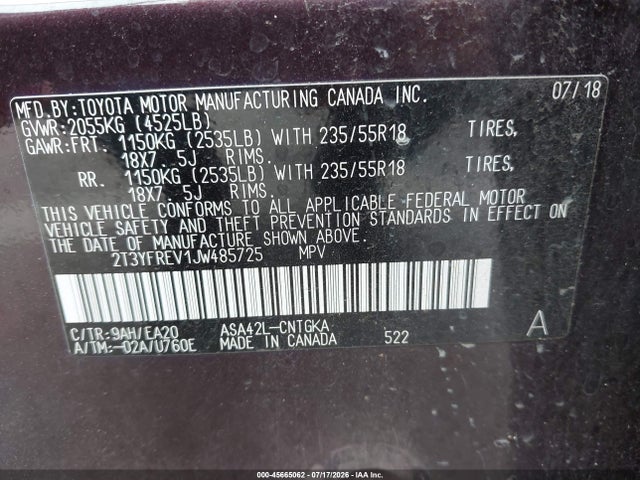 Aukcja sprzedaży 2018 Toyota Rav4 Limited, vin: 2T3YFREV1JW485725, numer aukcji: 45665062