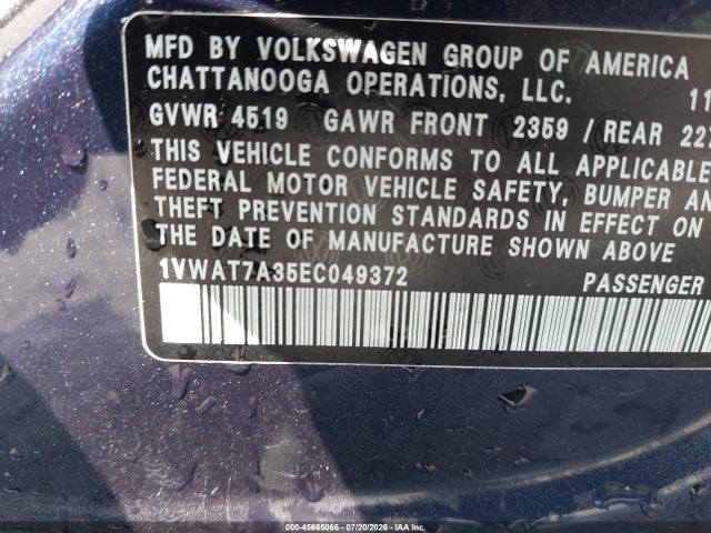 2014 Volkswagen Passat 1.8t Wolfsburg Edition მანქანა იყიდება აუქციონზე, vin: 1VWAT7A35EC049372, აუქციონის ნომერი: 45665066