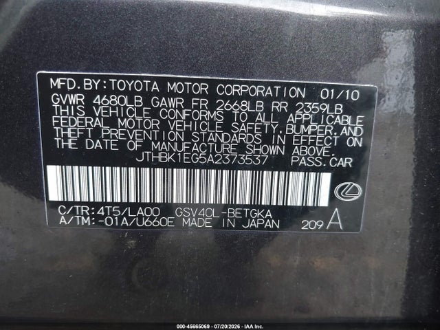 Aukcja sprzedaży 2010 Lexus Es 350, vin: JTHBK1EG5A2373537, numer aukcji: 45665069