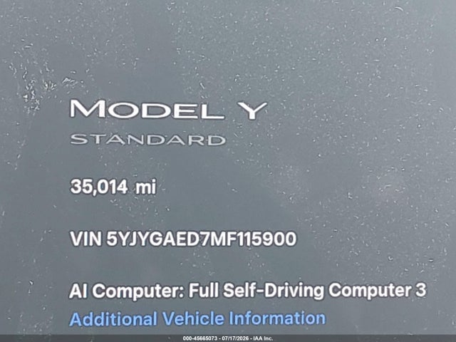 Продаж на аукціоні авто 2021 Tesla Model Y Performance Dual Motor All-wheel Drive/standard Range Rear-wheel Drive, vin: 5YJYGAED7MF115900, номер лоту: 45665073
