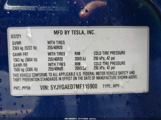 Продаж на аукціоні авто 2021 Tesla Model Y Performance Dual Motor All-wheel Drive/standard Range Rear-wheel Drive, vin: 5YJYGAED7MF115900, номер лоту: 45665073