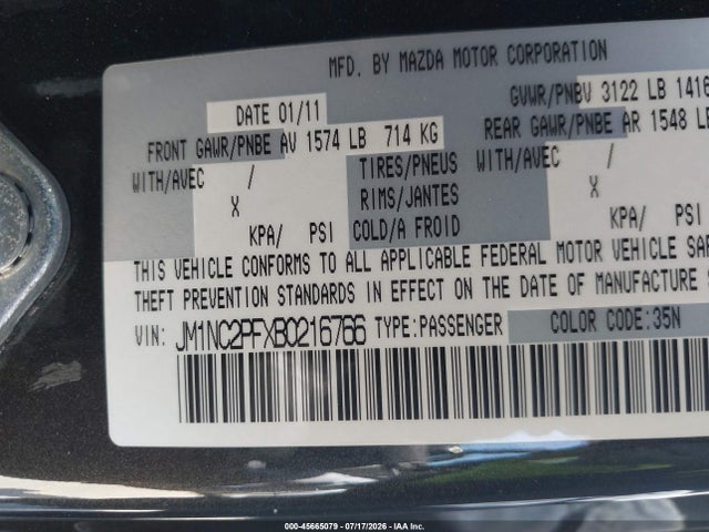 45665079 :رقم المزاد ، JM1NC2PFXB0216766 vin ، 2011 Mazda Mx-5 Miata Special Edition مزاد بيع