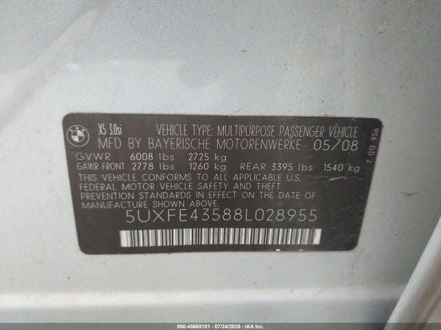 Продаж на аукціоні авто 2008 Bmw X5 3.0si, vin: 5UXFE43588L028955, номер лоту: 45665101