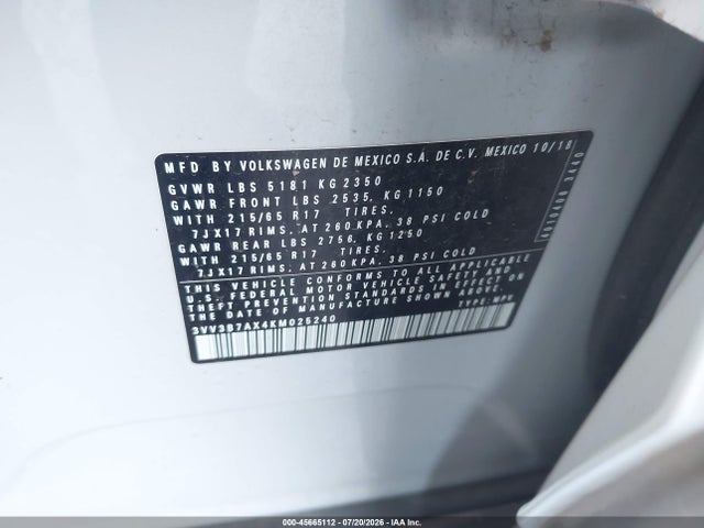 3VV3B7AX4KM025240 Volkswagen Tiguan 2.0t Se/2.0t Sel/2.0t Sel R-line/2.0t Sel R-line Black