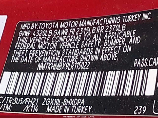 45665115 :رقم المزاد ، NMTKHMBX9LR115022 vin ، 2020 Toyota C-hr Le مزاد بيع
