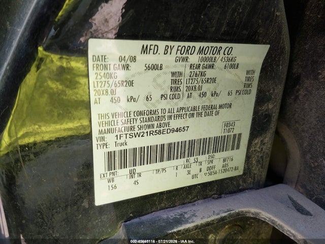 45665116 :رقم المزاد ، 1FTSW21R58ED94657 vin ، 2008 Ford Super Duty F-250 Srw Lariat مزاد بيع