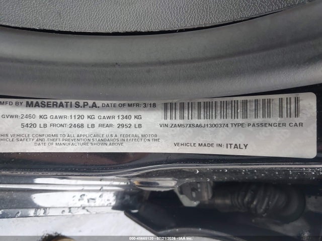 2018 Maserati Ghibli მანქანა იყიდება აუქციონზე, vin: ZAM57XSA6J1300374, აუქციონის ნომერი: 45665120