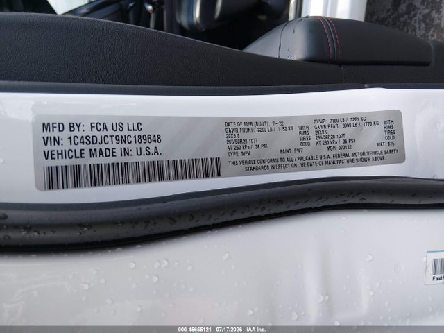 Aukcja sprzedaży 2022 Dodge Durango R/t Plus Awd, vin: 1C4SDJCT9NC189648, numer aukcji: 45665121