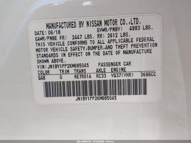 Продажа на аукционе авто 2019 Infiniti Q70l 3.7 Luxe, vin: JN1BY1PP2KM685045, номер лота: 45665128